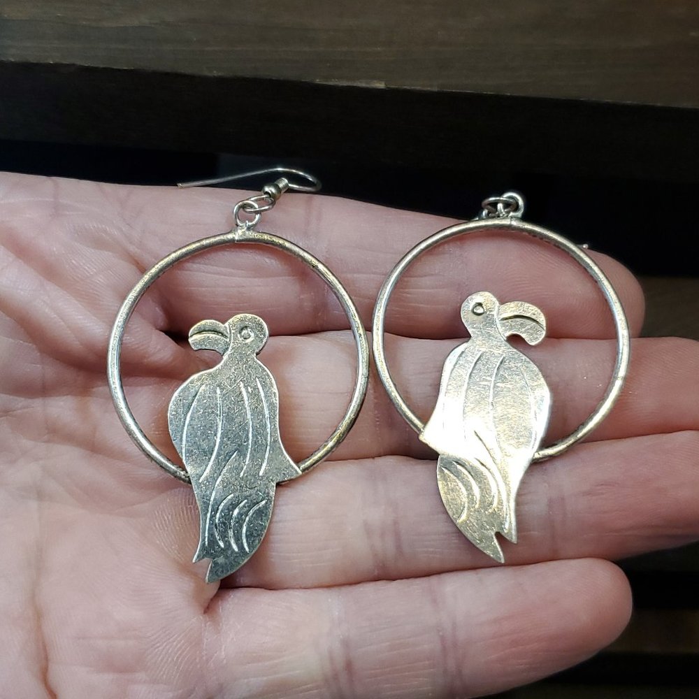 925 Sterling Silver Large Sitting Bird Dangle Earrings